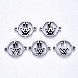 201 Stainless Steel Links Connectors, Laser Cut, Flat Round with Hamsa Hand/Hand of Fatima/Hand of Miriam, Stainless Steel Color, 14.5x20x1.5mm, Hole: 1.8mm(STAS-S114-27)