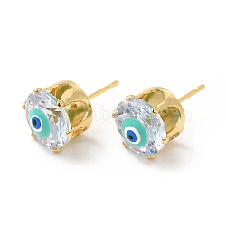 Flat Round Glass with Enamel Evil Eye Stud Earrings, Real 18K Gold Plated Brass Jewelry for Women, Turquoise, 11mm, Pin: 0.8mm(EJEW-P210-04G-09)