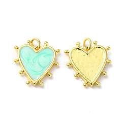 Rack Plating Brass Enamel Pendants, with Jump Ring, Lead Free & Cadmium Free, Heart Charm, Real 18K Gold Plated, Aquamarine, 19x18x3mm, Hole: 3.5mm(KK-D074-03G-06)