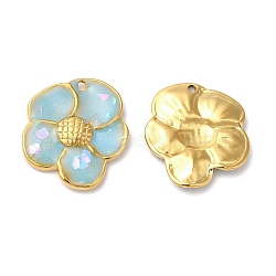 304 Stainless Steel Enamel Pendants, Real 18K Gold Plated, Flower Charm, Light Sky Blue, 20.5x18x2.5mm, Hole: 1.2mm(STAS-K256-01G-01)