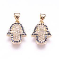 Brass Micro Pave Cubic Zirconia Pendants, Hamsa Hand/Hand of Fatima/Hand of Miriam, Real 18K Gold Plated, 17.5x12x2mm, Hole: 3.5x5mm(ZIRC-F061-04B)