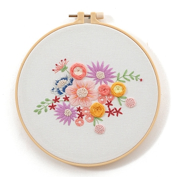 Flower Pattern 3D Embroidery Starter Kits with Pattern and Instructions, Embroidery for Beginners Including Printed Cotton Fabric, Violet, 300x300mm