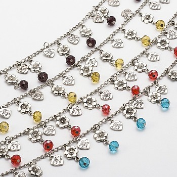 Handmade Tibetan Style Chains for Necklaces Bracelets Making, with Glass Beads, Iron Twisted Chains and Eye Pin, Unwelded, Mixed Color, 39.3 inch, about 39sets/strand