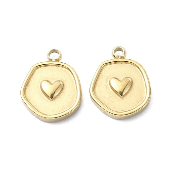 304 Stainless Steel Charms, Flat Round with Heart Charm, Real 14K Gold Plated, 12.5x10x2mm, Hole: 1.4mm