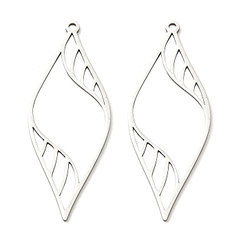 201 Stainless Steel Pendants, Laser Cut, Leaf Charm, Stainless Steel Color, 44x17x1mm, Hole: 1.4mm