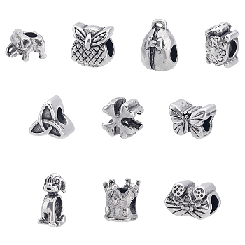 Unicraftale 10Pcs 10 Styles 304 Stainless Steel European Beads, Large Hole Beads, Mixed Shapes, Antique Silver