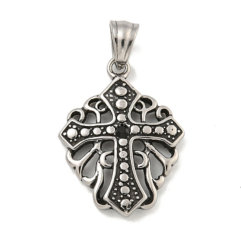 316 Surgical Stainless Steel Pendants, with Rhinestone, Cross Charm, Religion, Jet, 26.5x20x3.5mm, Hole: 5x6mm