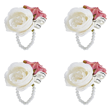 CRASPIRE 4Pcs Silk Wrist Corsage, with Plastic Imitation Flower and Imitation Pearl Stretch Bracelets, for Wedding, Party Decorations, Pink, 170x140mm, 4pcs/set