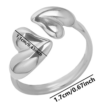 Stylish Double Heart Open Cuff Ring for Women, Titanium Steel Tail Ring, Stainless Steel Color