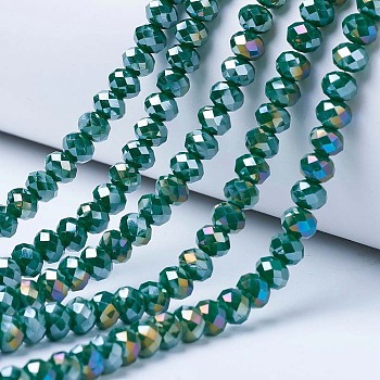 Electroplate Glass Beads Strands, Opaque Solid Color, AB Color Plated, Faceted, Rondelle, Dark Green, 8x6mm, Hole: 1mm, about 64~65pcs/strand, 40~41cm