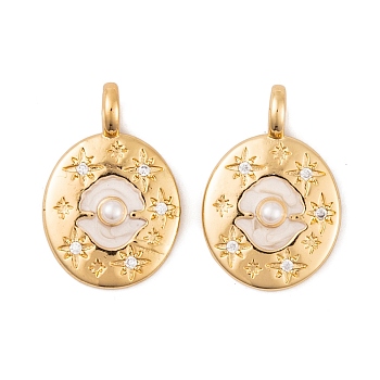 Brass Micro Pave Cubic Zirconia Pendants, with Enamel and ABS Beads, Real 18K Gold Plated Oval with Shell Shape Charms, White, 25x17x5mm, Hole: 4mm