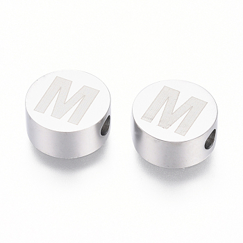 304 Stainless Steel Beads, Flat Round with Letter, Letter.M, 10x4.5mm, Hole: 2mm