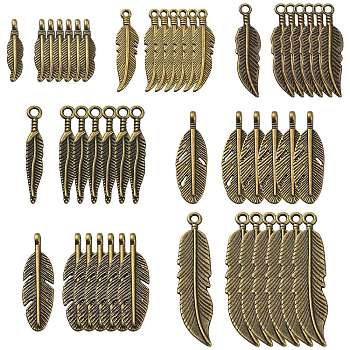 105Pcs 7 Styles Tibetan Style Alloy Pendants, Feather, Cadmium Free & Lead Free, Antique Bronze, 4~45.5x2~11x1~3.5mm, Hole: 1.5mm, 15pcs/style