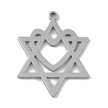 304 Stainless Steel Pendants, Laser Cut, Hollow Star of David with Heart Charm, Stainless Steel Color, 27x21.5x1mm, Hole: 1mm