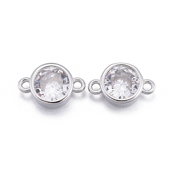 Brass Micro Pave Cubic Zirconia Links Connectors, Long-Lasting Plated, Flat Round, Clear, Platinum, 11x7x3.8mm, Hole: 1mm