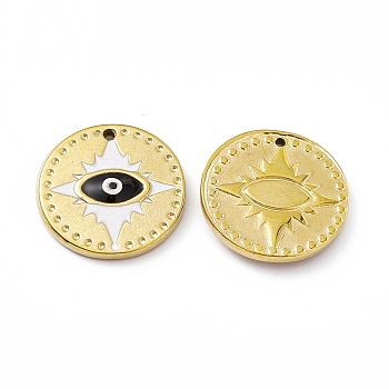 Vacuum Plating 201 Stainless Steel Pendant, with Enamel, Real 18K Gold Plated, Flat Round with Evil Eye Charm, Black, 18x2.7mm, Hole: 1.2mm
