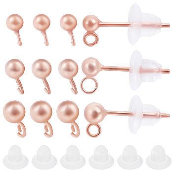 6 Pairs 3 Size 925 Sterling Silver Ear Stud Findings, Ball Stud Earring Post with Loops & 20Pcs Plastic Ear Nuts, Rose Gold, 14~15mm, Hole: 1mm, Pin: 0.7mm