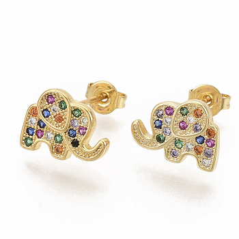 Brass Micro Pave Colorful Cubic Zirconia Stud Earrings, with Earring Backs, Elephant, Real 16K Gold Plated, 9x12mm, Pin: 0.7mm