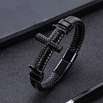 Artificial Leather Cord Braided Bracelets for Men, Cross, with Alloy Magnetic Clasp, Black, 8-5/8 inch(22cm)