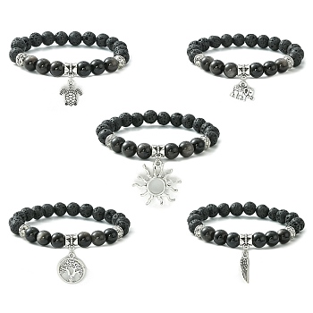Natural Lava Rock & Silver Obsidian Beaded Stretch Bracelet with Alloy Charms, Mixed Shapes, Inner Diameter: 2-1/8 inch(5.4cm)