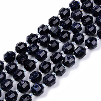 Synthetic Blue Goldstone Beads Strands, Round, Faceted, 8~9x10mm, Hole: 1.2mm, about 33~35pcs/strand, 15.16inch(38.5cm)