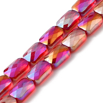Transparent Electroplate Glass Beads Strands, Rainbow Plated, Faceted, Rectangle, Dark Red, 9x6x4mm, Hole: 1.2mm, about 72pcs/strand, 25.98''(66cm)