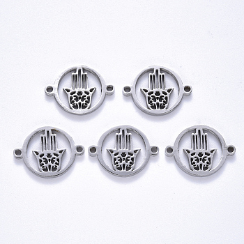 201 Stainless Steel Links Connectors, Laser Cut, Flat Round with Hamsa Hand/Hand of Fatima/Hand of Miriam, Stainless Steel Color, 14.5x20x1.5mm, Hole: 1.8mm