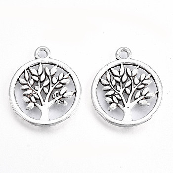 Tibetan Style Alloy Pendants, Lead Free & Cadmium Free, Flat Round with Tree of Life, Antique Silver, 20x17x1mm, Hole: 1.8mm