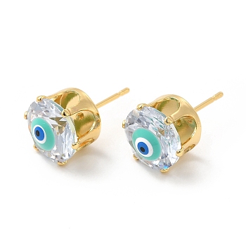 Flat Round Glass with Enamel Evil Eye Stud Earrings, Real 18K Gold Plated Brass Jewelry for Women, Turquoise, 11mm, Pin: 0.8mm