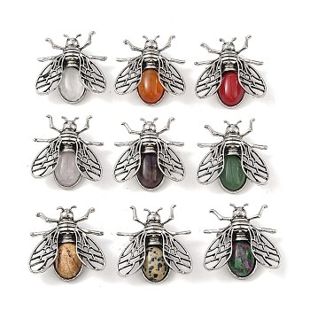 Natural Mixed Stone Pendants, with Antique Silver Tone Alloy Findings, Bee Charms, Mixed Dyed and Undyed, 38x36x11.5mm, Hole: 5x6mm