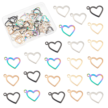 50Pcs 5 Style Ion Plating(IP) 304 Stainless Steel Open Pendants, Heart, Mixed Color, 10x13.7~14x0.8~1mm, Hole: 1~1.4mm, 10pcs/style