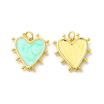 Rack Plating Brass Enamel Pendants, with Jump Ring, Lead Free & Cadmium Free, Heart Charm, Real 18K Gold Plated, Aquamarine, 19x18x3mm, Hole: 3.5mm