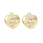 Valentine's Day Brass Micro Pave Clear Cubic Zirconia Charms, Heart with Eye Charms, Real 18K Gold Plated, 12.5x11.5x3mm, Hole: 1.4mm(KK-C259-13G)