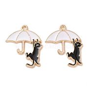 Alloy Enamel Pendants, Light Gold, Cat with Umbrella Charm, White, 27.5x20x1.5mm, Hole: 1.5mm(ENAM-Z022-02H)