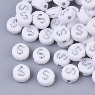 Plating Acrylic Beads, Silver Metal Enlaced, Horizontal Hole, Flat Round with Letter, White, Letter.S, 7x4mm, Hole: 1.2mm(X-PACR-R243-04S)
