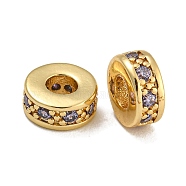 Rack Plating Brass Micro Pave Cubic Zirconia  Beads, Lead Free & Cadmium Free, Long-Lasting Plated, Real 18K Gold Plated, Round, Lavender, 7.5x3mm, Hole: 3.5mm(KK-U030-31G-01)