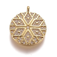 Brass Micro Pave Clear Cubic Zirconia Pendants, Flat Round with Flower, Golden, 23x19.8x4mm, Hole: 1.9mm(ZIRC-L075-64A-G)