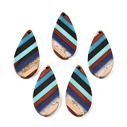 Transparent Resin & Walnut Wood Pendants, Teardrop Charms with Gold Foil, Colorful, 38x18x3mm, Hole: 2mm(RESI-E050-13)