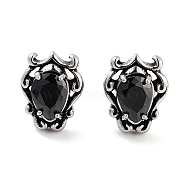 Teardrop 316 Surgical Stainless Steel Pave Cubic Zirconia Stud Earrings for Women Men, Antique Silver, Black, 14x10.5mm(EJEW-Z050-04A-AS)