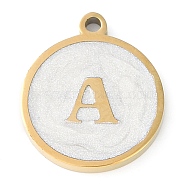 Ion Plating(IP) 201 Stainless Steel Pendants, with White Enamel, Real 18K Gold Plated, Flat Round with Letter, Letter A, 18.5x15.5x2mm, Hole: 1.6mm(STAS-K288-02G-A)