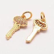 Brass Micro Pave Grade AAA Cubic Zirconia Charms, Long-Lasting Plated, Key, Cadmium Free & Nickel Free & Lead Free, Real 18K Gold Plated, 14x7x3mm, Hole: 3mm(ZIRC-G090-27G-NR)