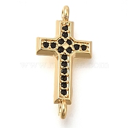 Brass Pave Black Cubic Zirconia Connector Charms, Religion Cross Links, Real 16K Gold Plated, 20.5x10x3mm, Hole: 1.2mm(KK-M101-02E-G01)