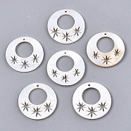 Natural Freshwater Shell Pendants, Flat Round with Star, Creamy White, 20x1mm, Hole: 1.2mm(SHEL-N026-131)