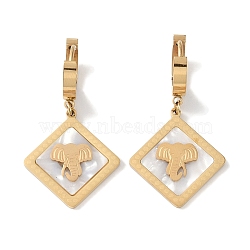 Rhombus with Elephant 304 Stainless Steel Shell Hoop Earrings, Dangle Earrings for Women, Real 18K Gold Plated, 40x21mm(EJEW-L283-042G)