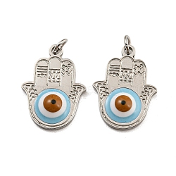 304 Stainless Steel Pendants, with Enamel and Jump Ring, Hamsa Hand with Evil Eye Charm, Stainless Steel Color, 17x13x3.5mm, Hole: 2.5mm(STAS-O003-05P)