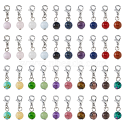 Round Natural & Synthetic Mixed Gemstone Pendant Decoration, with Alloy Lobster Claw Clasps, 28mm, 80pcs/set(HJEW-AB00722)