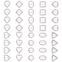 PandaHall Elite 36pcs 9 style Brass Crystal Rhinestones Slide Heart Buckles, Long-Lasting Plated, for Wedding Invitation Letter and Garment Decoration, Silver, 16~25x13~21x3mm, Hole: 4~6x8~18mm, 4pcs/style(KK-PH0001-87)