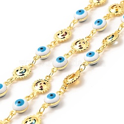 Enamel Evil Eye & Sun Link Chains, with Real 18K Gold Plated Brass Findings, Soldered, with Spools, Deep Sky Blue, 12x6.5x5mm, 14x8x3mm(CHC-C003-08G)