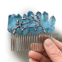 Natural Crystal Hair Combs, with Alloy Crown Hair Bands, for Women Girls, Deep Sky Blue, 78x37mm(PW-WGC6E88-12)