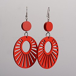 Trendy Flat Round Wood Dangle Earrings, with Platinum Plated Iron Earring Hooks, Red, 90.5x49mm, Pin: 0.8mm(EJEW-F0090-12G)